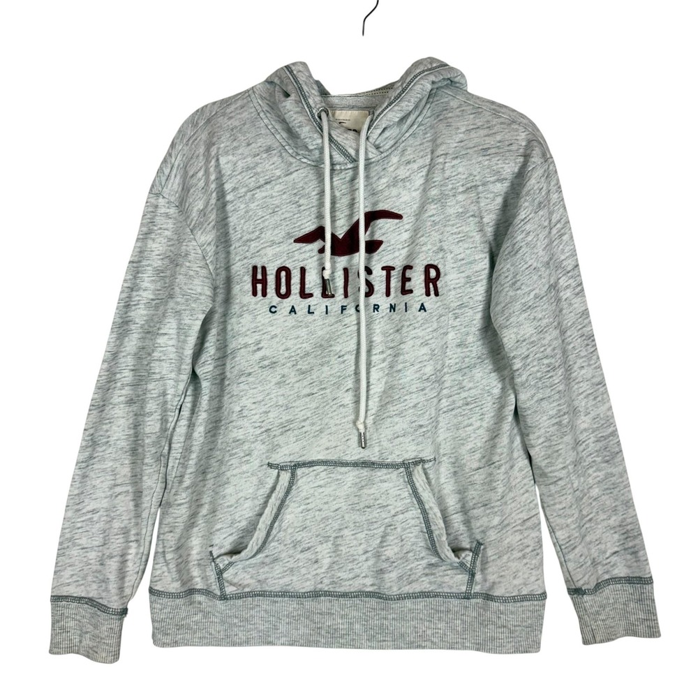 Hollister Hoodie Mens Medium Gray Pullover Fleece Logo‎ Graphic Kangaroo